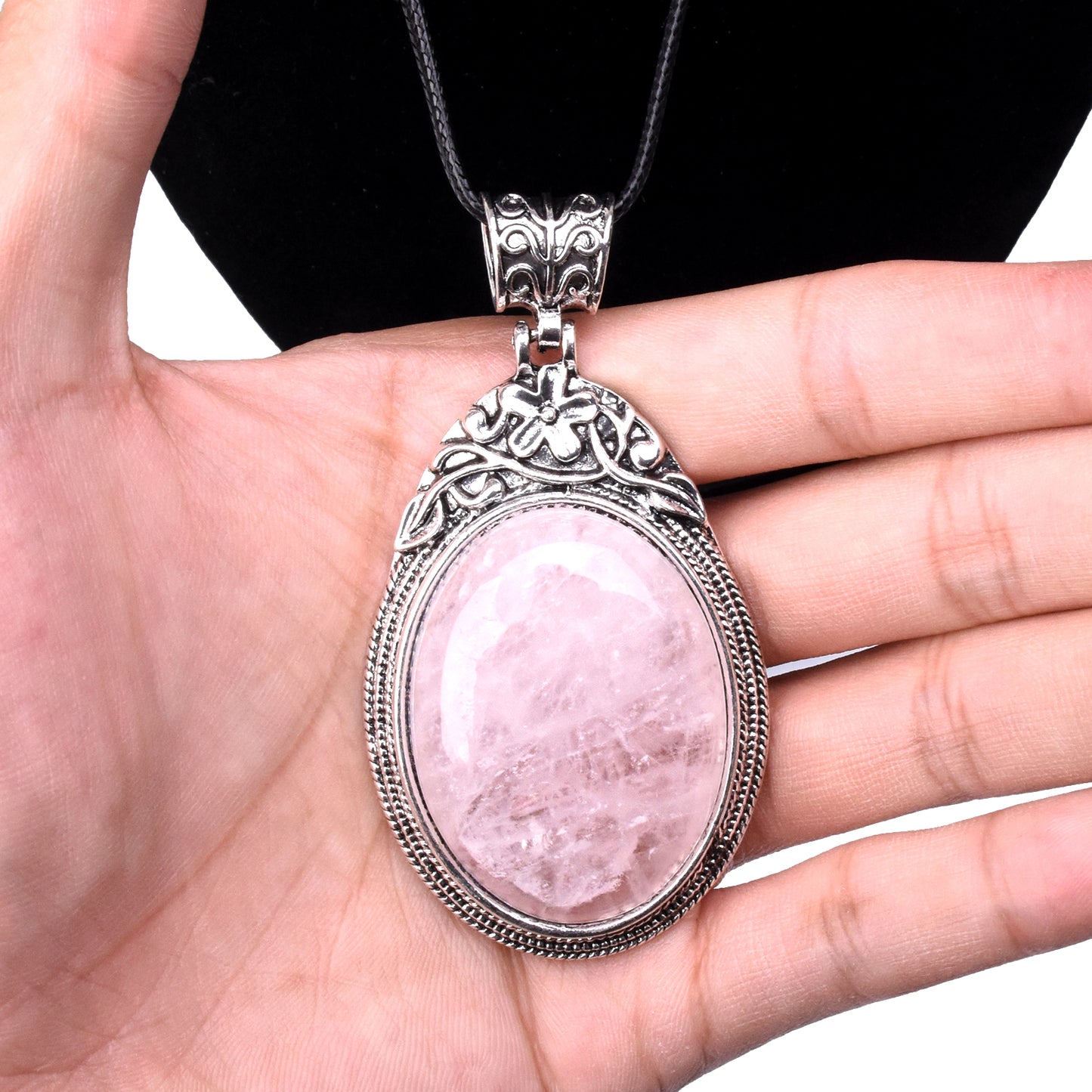 Big Classical Pink Rosa Quartz Crystal Sliver Alloy Pendant